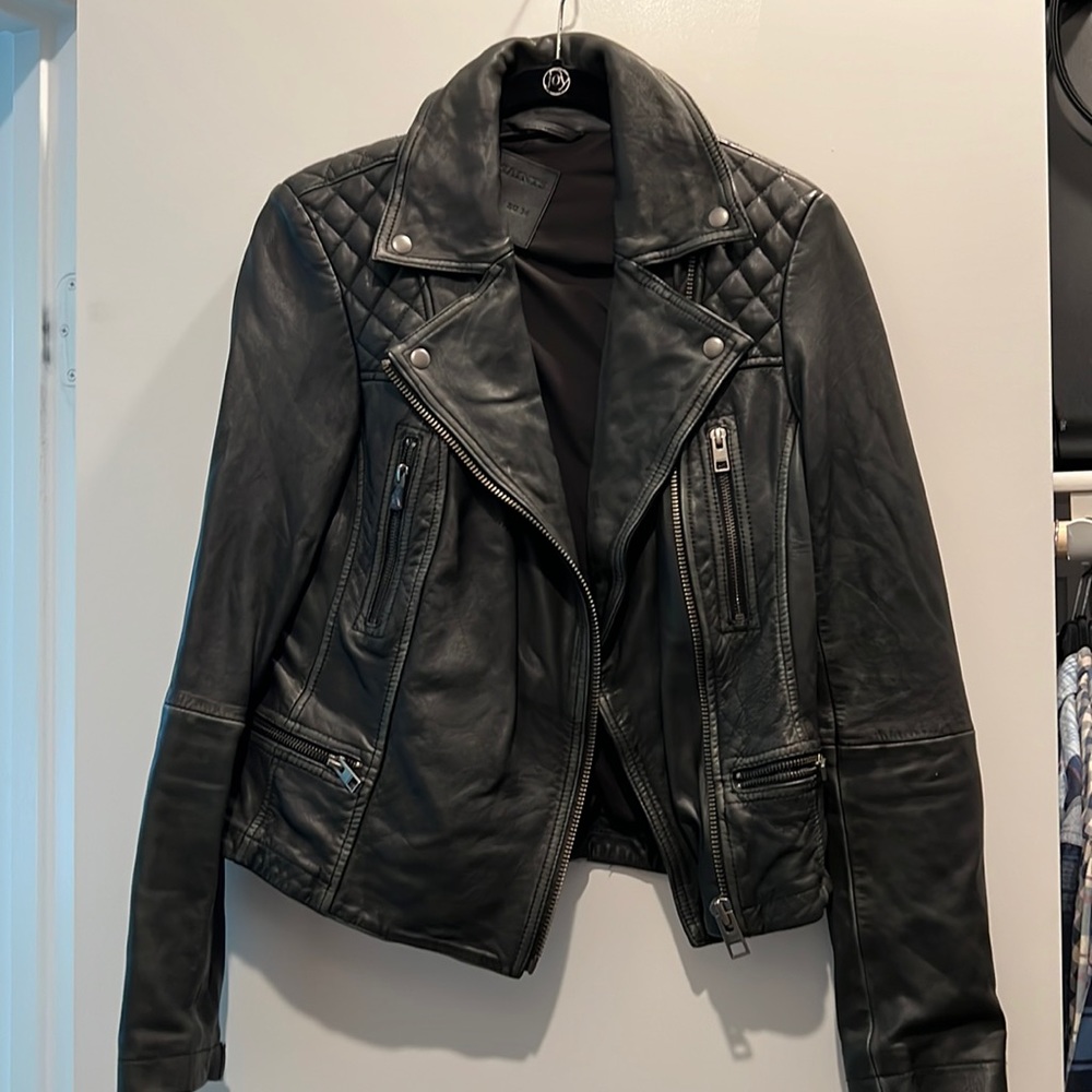 AllSaints Black Leather Quilted Moto Jacket